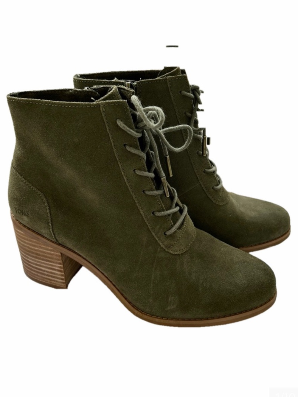 Toms Evelyn Boots Olive Green Size 10 Lace-Up Suede Ankle Boots Stacked Heels